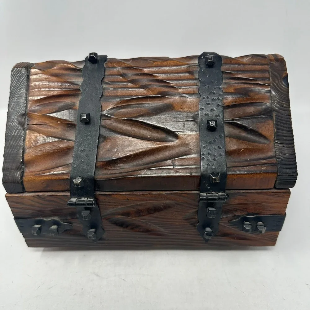 Unbranded Treasure Chest Brown Wood Rustic Hand Carved Made in Spain